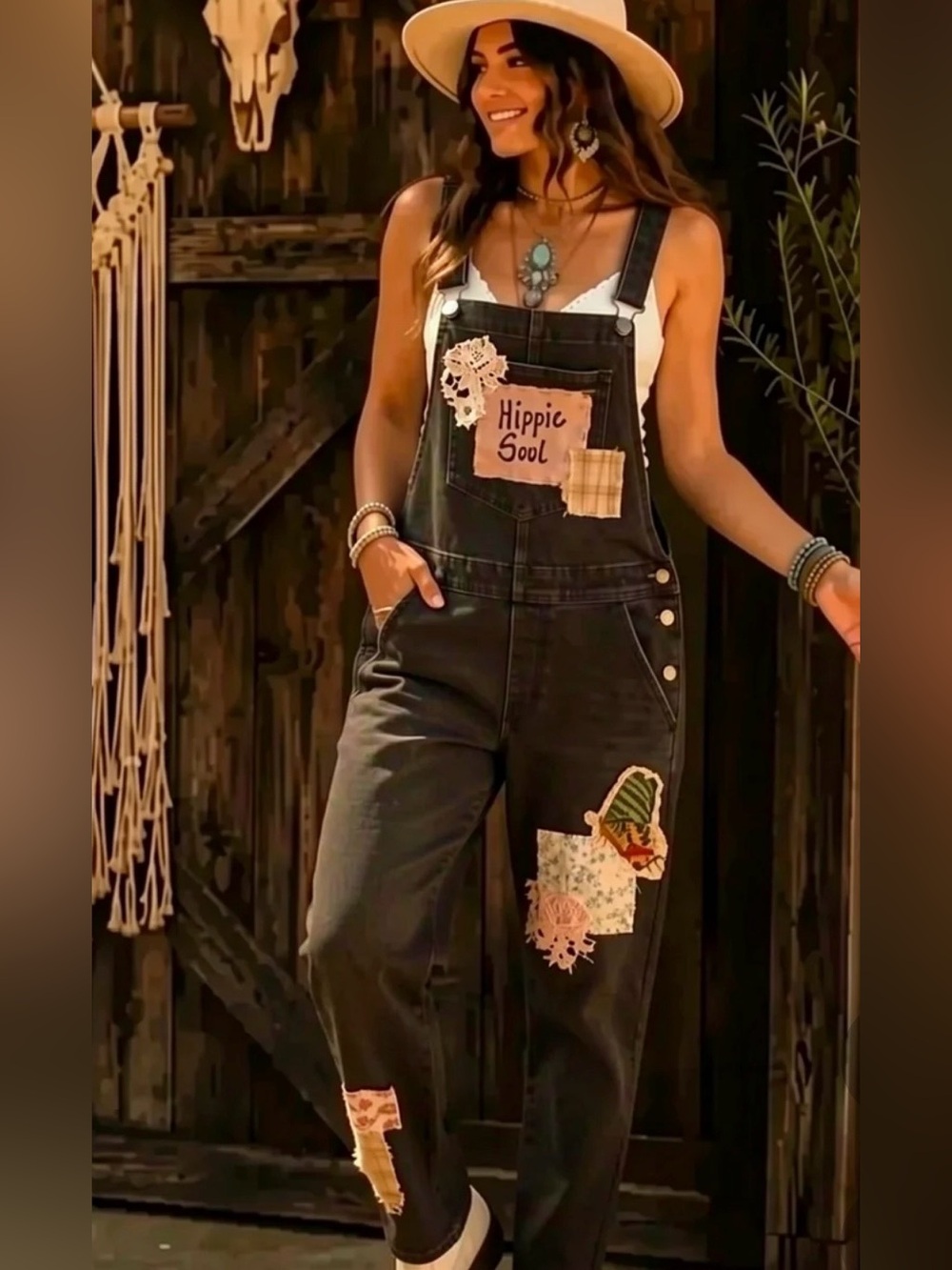 WRANGLER ROSES N PATCHWORK upcycled jeans long overalls XL